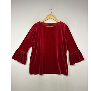 Holiday Party Rafaella Studio Women L Red Velvet Ruffle Bell Sleeve Blouse Top